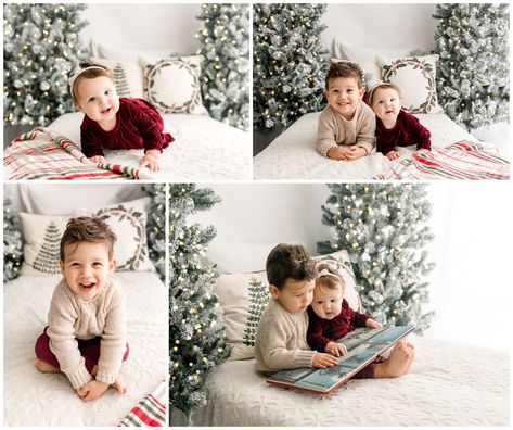 Simple Holiday Studio Photography, Christmas Bed Set Up Photography, Bed Christmas Photoshoot, Indoor Photoshoot Ideas Kids, Indoor Christmas Mini Sessions, Christmas Mini Session Ideas Indoor, Christmas Studio Photoshoot, Studio Christmas Mini Sessions, Indoor Christmas Photos