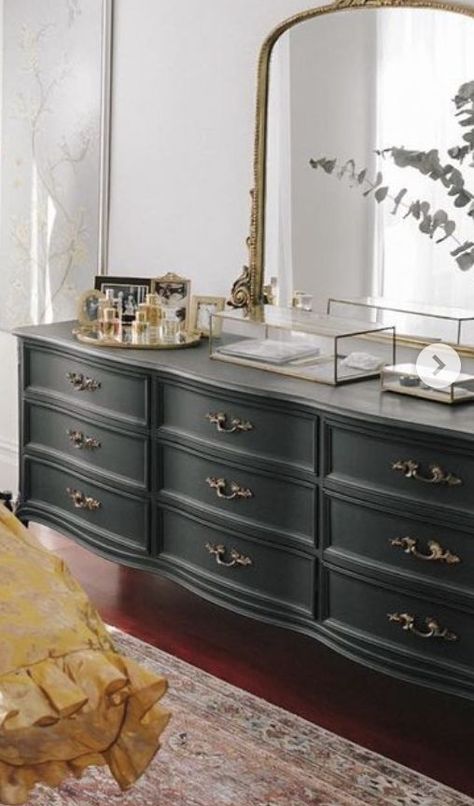 Bedroom With Antique Dresser, Dark Academia Bedroom Dressers, Brass And Black Bedroom, Black Dresser Gold Mirror, Antique Dresser Styling, Black Dresser Styling, Modern And Antique Mix Bedroom, Vintage Dressers Bedroom, Dark Dresser Bedroom