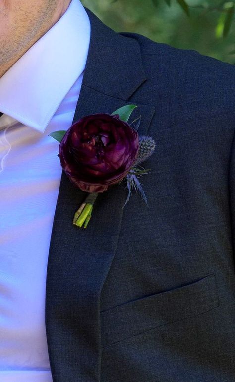 Blue Thistle Boutonniere, Plum Ranunculus, Wedding Groom Boutonniere, Summer Wedding Groom, Thistle Boutonniere, Ranunculus Boutonniere, Blue Thistle, Prom Flowers, Groom Boutonniere