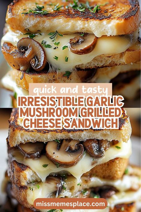 Treat yourself to an Irresistible Garlic Mushroom Grilled Cheese Sandwich that brings comfort food to a whole new level. This mouthwatering recipe features buttery bread grilled to perfection, filled with savory mushrooms sautéed with garlic, and melty cheese that stretches with every bite. It’s not just a meal; it’s an experience. Perfect for vegetarians and anyone looking for a hearty treat, this sandwich is a delicious way to enjoy mushrooms in a new light. Mushroom Grilled Cheese, Garlic Bread Grilled Cheese, Mushroom Grilled, Grilled Cheese Recipe, Grilled Cheese Recipes, Garlic Mushrooms, Melty Cheese, Gooey Cheese, Sauteed Mushrooms