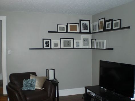 Picture Ledge Corner Wall, Corner Shelves Ikea, Corner Wall Art Ideas, Corner Shelf Ikea, Picture Rails, Shelf Side Table, Picture Ledges, Ikea Pictures, Gallery Shelves