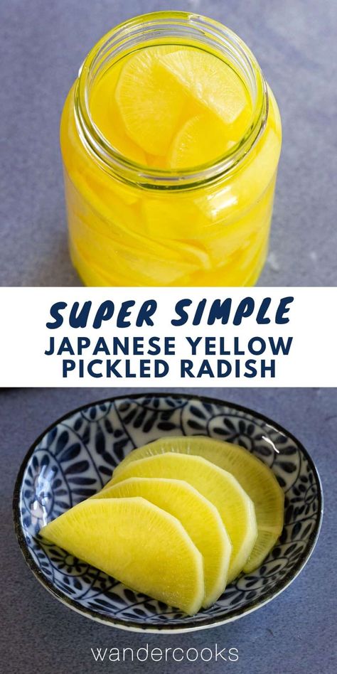 Yellow pickled radish is the cutest and crunchiest snack in Japan. With just 2 minutes prep time, make your own tasty takuan slices ready to pop into your homemade sushi rolls or eat after a big meal. Yellow Pickled Radish, Pickled Daikon Recipe, Daikon Recipe, Homemade Sushi Rolls, Pickled Radish, Japanese Pickles, Radish Recipes, Easy Japanese Recipes, Pickled Radishes