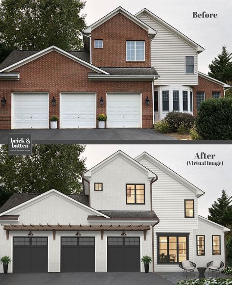 6 Tips for Choosing the Perfect Garage Door | Blog | brick&batten Painted Brick House, Home Exterior Makeover, Exterior Renovation, Best Paint, Brick Exterior House, Exterior Makeover, Modern Farmhouse Exterior, Best Paint Colors, Casa Exterior