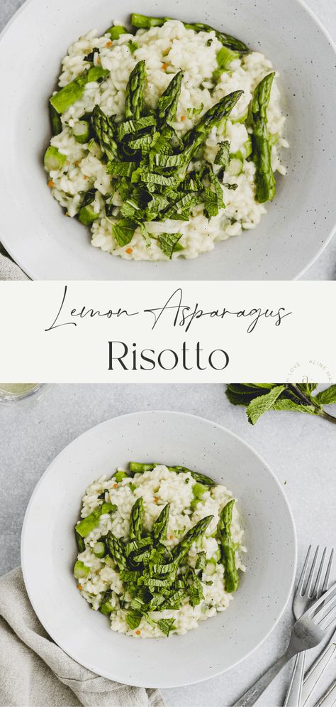 Asparagus Risotto Recipes, Lemon Vegan, Asparagus Risotto, Vegan Risotto, Lemon And Mint, Creamy Asparagus, Vegan Parmesan Cheese, Vegan Main Dishes, Fresh Asparagus