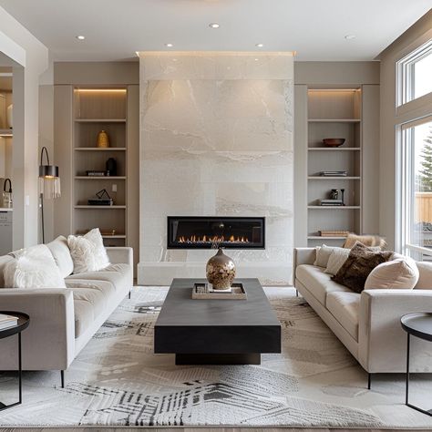 Middle Fireplace Living Room, Fireplace With Side Storage, Living Room With Marble Fireplace, Porcelain Fireplace Surround, Marble Fireplace Living Room, Picture Over Fireplace, Marble Modern Fireplace, Modern Cast Stone Fireplace, Linear Fireplace With Mantle