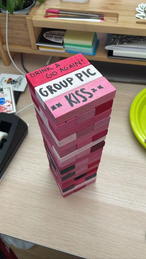 Pink Jenga Drinking Game, Pink Game Night Decor, Frat Party Games, Jenga Party Game, 18th Party Games, Drinking Games Aesthetic, Pink Party Games, Party Games Aesthetic, Pink Jenga