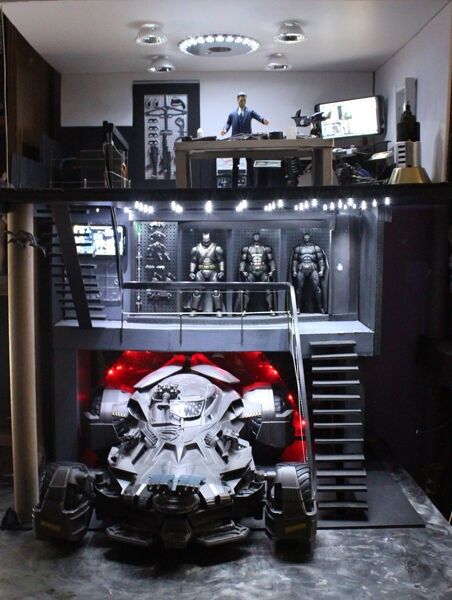 Lego Batcave Ideas, Diy Batcave, Batcave Mancave, Batcave Concept Art, Batman Diorama, Batmobile Interior, Batman Cave, Batcave Diorama, Batman Gadgets