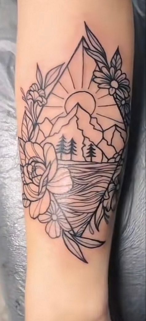 Outdoor Mountain Tattoo, Wildflowers And Mountains Tattoo, Oregon Mountain Tattoo, Outdoorsy Couple Tattoos, Colorado Tattoos For Women, Montana Flower Tattoo, Oregon Inspired Tattoos, Mountain Wildflower Tattoo, Mountain Flower Tattoo