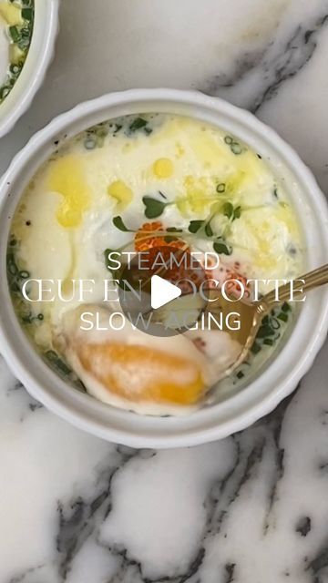 Dr. Michelle Duong Davenport (PhD, RD) on Instagram: "Whoever said that you can’t eat something that feels indulgent cooked in a healthy, slow aging way never ate this dish: Steamed œuf cocotte. Traditionally, œuf cocotte is a baked egg dish but this one by @jacquespepinfoundation uses steaming for the gentlest cooking. I made a twist to his original steamed egg recipe by adding some Japanese chawanmushi-inspired flavors. The steaming makes the egg taste like a decadent custard topped with the umami from the tobiko fish roe. Silky steamed egg custards are a traditional dish found in many Asian cuisines. There’s Japanese chawanmushi, Chinese steamed egg custard (also known as the water egg) and Vietnamese Cha Trung Hap (I’ll share my mom’s recipe for this soon, it’s sooo good). Steami Steamed Egg Custard, Fish Roe, Baked Egg, Steamed Eggs, Eat Something, Slow Aging, Egg Custard, Egg Recipe, What's For Breakfast