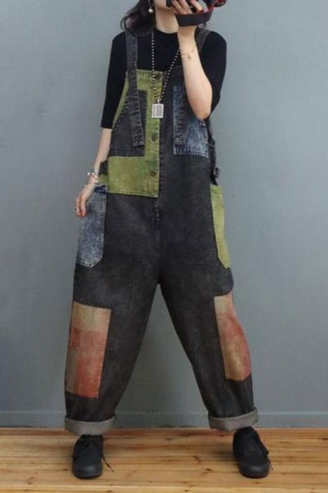 Overview: (1)Adjustable Straps Fit &Sizing: Non- Stretchable #overalls #dungarees #patchwork #farmerclothes Elemental Oc, Patchwork Overalls, Black Dungarees, 90s Overalls, Shop Street, Dresses Linen, Rompers Online, Loose Dresses, Denim Dungarees