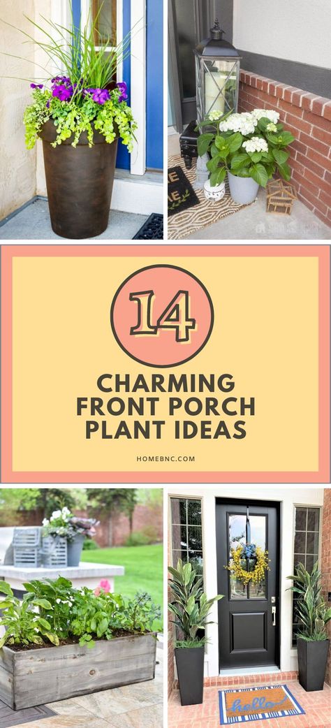 Front porch plants in planter arrangements may be a simple way to add some extra color to your home's exterior decor. These planters have a very neutral appearance, making them suitable for various occasions and seasons. Nonetheless, it might be difficult to come up with fresh ideas for front porch planters. Fortunately, we've discovered some amazing porch planter designs that are absolutely worth a shot! Porch Plant Decor, Front Porch Plant Ideas, Colorful Front Porch, Front Porch Planter Ideas, Porch Planter Ideas, Apartment Front Doors, Plant Decor Ideas, Porch Planter, Front Door Planters