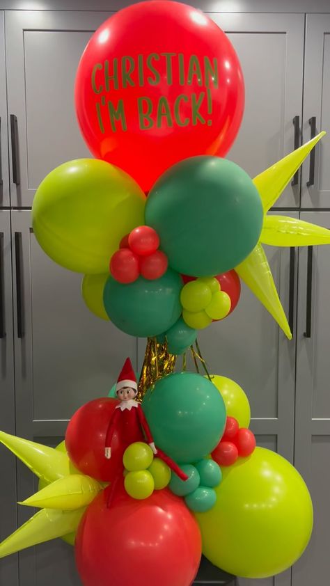 I was lucky enough to be asked by the big guy himself 🎅 to help his Elf Alvin surprise Christian for his first day back of the season 🎄❤️💚… | Instagram Elf On Shelf Balloon Ideas, Elf On The Shelf Party Ideas, Elf Arrival Balloon Ideas, Elf On The Shelf Balloon Ideas, Elf Balloon Ideas, Elf On The Shelf Balloon Arrival, Elf On The Shelf Balloons, Elf Balloons, Elf On The Shelf Balloon