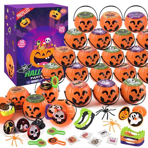 PRICES MAY VARY. 240PCS ASSORTED HALLOWEEN TOYS IN TOTAL: spiders X30pcs, spinning toys X30pcs, saucers X30pcs, Halloween rings X30pcs, Halloween tatoo stickers X30pcs, false teeth X30pcs, Halloween pumpkins mini bucket X30pcs, Halloween stickers X30pcs PREFILLED HALLOWEEN PARTY FAVORS: you can easily share them with kids, classmate, students and more as gifts for Trick or Treat or Halloween Carnival! Save you from packing! 30 WITCH CAULDRONS: 3inches mini cauldrons as treat containers are made Halloween Playdough Gift Ideas, Candy Bag Ideas For Halloween, Halloween Dinners For Kids, Halloween Goodie Bags For Kids School, Halloween Rings, Play Dough Gift, Treat Containers, Monster Treats, Hocus Pocus Party