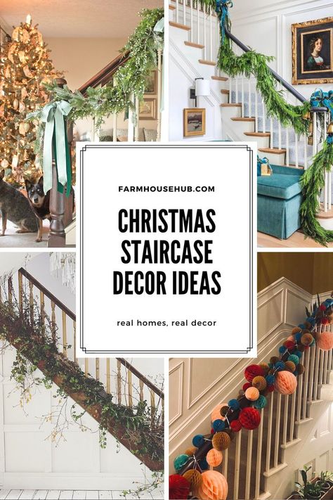 10 STUNNING WAYS TO MAKE YOUR STAIRCASE SPARKLE THIS CHRISTMAS Christmas Bannister Ideas Diy, Stair Swag Christmas, Stair Garland Ideas, Holiday Garland On Staircase, Simple Christmas Staircase, Stairs Decoration Christmas, Wall Decor Up Staircase, Decorating A Bannister For Christmas, Decorating A Banister For Christmas