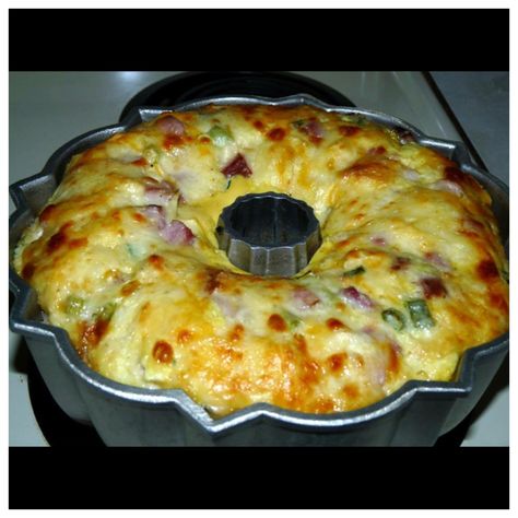 Breakfast Bundt Casserole 1 cup diced Ham 2 c tater tots (frozen) 1 dozen whisked eggs 1 (8ct) can Pillsbury Grands biscuits (diced raw) 2 c shredded cheese 1/4 c milk  Whisk together eggs & milk. Stir in other ingredients and pour into greased bundt pan. Bake at 400 degrees for 45 mins. Remove from oven & cool in pan 5 mins. Loosen edges with knife & invert onto serving platter. Cut into slices to serve. Soft Meals, Bundt Cake Breakfast, Breakfast Bundt, Breakfast Bundt Cake, Grands Biscuits, Cake Breakfast, Bacon Egg And Cheese, Tater Tots, Bundt Pan