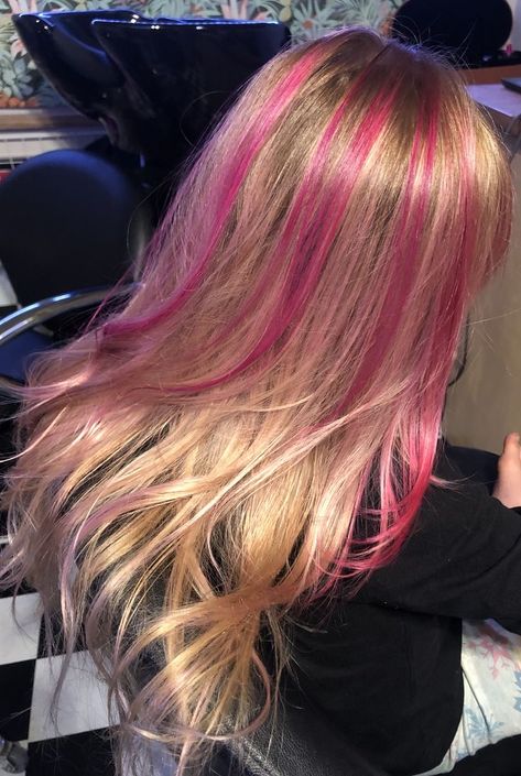 Blonde Hair With Colorful Highlights, Dyed Hair For Blondes, Highlights In Blonde Hair, Pink And Blonde Hair, Pink Hair Streaks, Pink Hair Highlights, Blonde Hair With Pink Highlights, Pink Blonde Hair, Hair Color Streaks