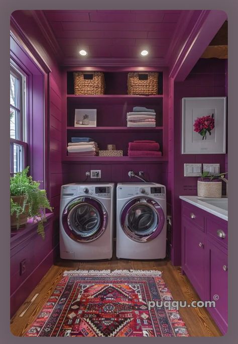 Purple Laundry Room Ideas, Purple Laundry Room, Closet Layouts, Laundry Closets, Purple Kitchen Designs, Mudroom Inspiration, Laundry Ideas, Girly Apartments, Bachelorette Pad