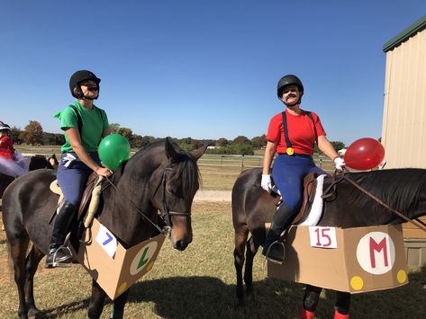 Mario Kart horse and rider costume. Mario Horse Costume, Matching Horse And Rider Costumes, Halloween Costumes Horse And Rider, Unique Horse And Rider Costumes, Costumes For Horses And Rider, Halloween Costume For Horse, Horse Halloween Ideas, Luigi Costume, Horse Halloween Costumes