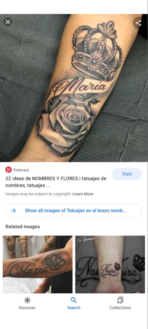 Wife Name Tattoo For Men On Arm, Wife Name Tattoo For Men, Wife Name Tattoo, Resilience Tattoo, Crown Tattoos For Women, Wife Tattoo, Skull Rose Tattoos, Names Tattoos For Men, Rose Tattoos For Men