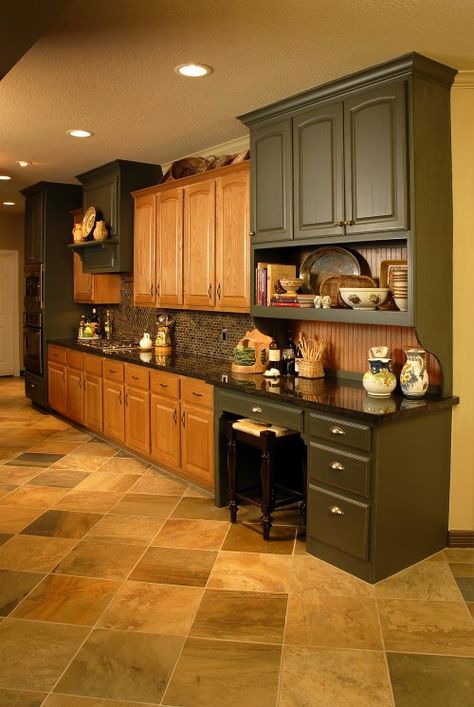 Coloured Cupboards, Updating Oak Cabinets, Color Cabinets, Honey Oak Cabinets, Brown Cabinets, Oak Kitchen Cabinets, Oak Kitchen, Tile Flooring, Oak Cabinets