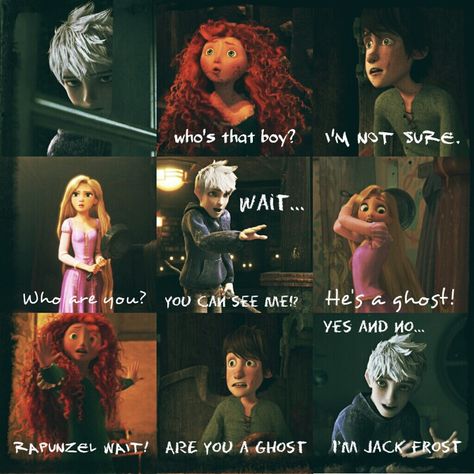 Hiccup: Are you a ghost? Speak, apparition! Merida And Hiccup, The Big 4, Disney Crossover, Big Six, Disney Crossovers, Rise Of The Guardians, Big Four, Disney Jokes, Disney Things