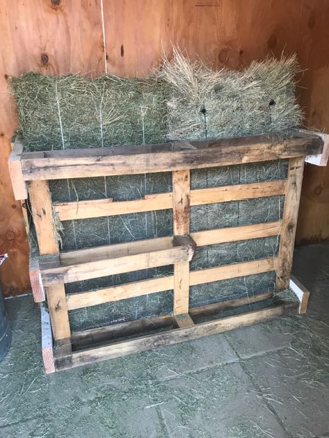 Goat Feed Storage Ideas, Hay Bale Storage, Feed Shed Ideas, Feed Shed, Hobbie Farm, Barn Storage Ideas, Diy Hay Feeder, Sheep Shed, Goat Hay Feeder