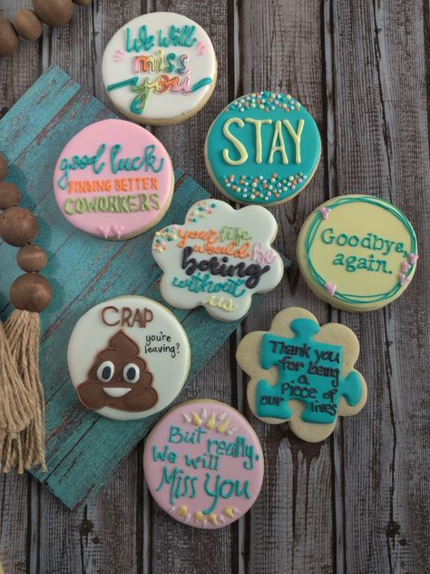 Farewell Cookies For Coworker, Funny Retirement Cookies Decorated, Goodbye Cookies Decorated, Coworker Leaving Cookies, New Job Cookies Decorated, Good Luck Cookies, Goodbye Cookies, Farewell Cookies, Frosted Cookies Designs