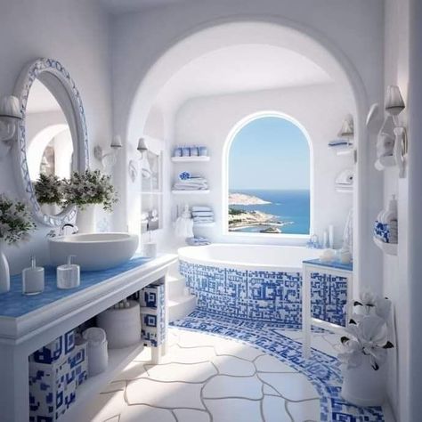 Santorini Bathroom, Greece Bathroom, Tacky Decor, Greek Style Home, Greece House, Santorini House, Greek Decor, Wooden Sofa Set Designs, Coastal Interior