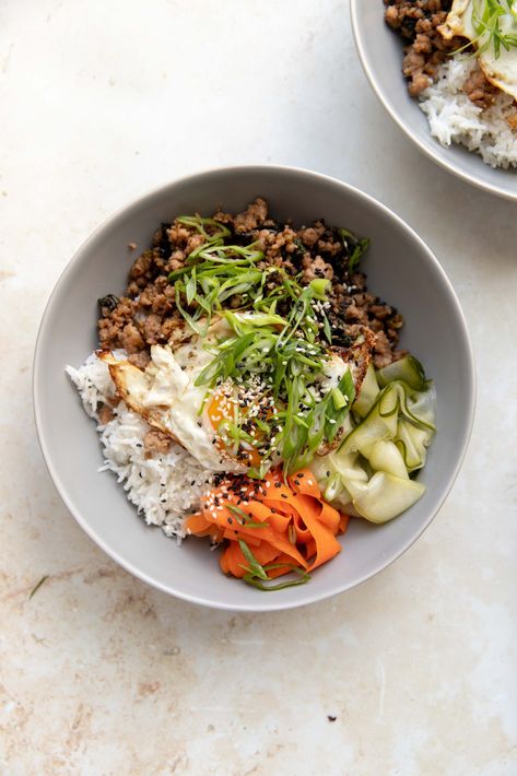 thai basil pork bowl - the palatable life Thai Bowls, Pork Bowl, Nourish Bowl, Thai Basil Pork, Quick Pickled Vegetables, Chimichurri Chicken, Creamy Orzo, Miso Butter, Perfect Steak