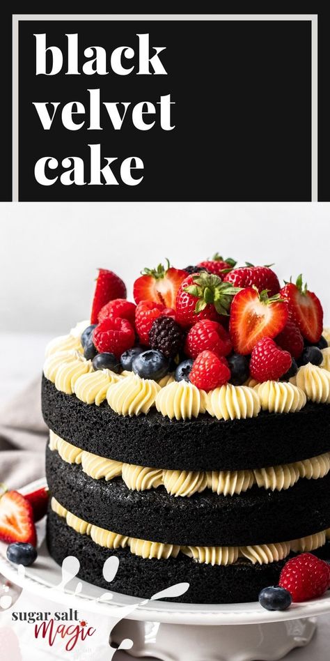 A 3 tier black velvet cake with white frosting and berries. Black Chocolate Cake, Black Velvet Cake Recipe, Black Velvet Cake, Black Velvet Cakes, Chocolate Fruit Cake, Coconut Buns, Cocoa Powder Recipes, Black Cocoa, Cocoa Cake