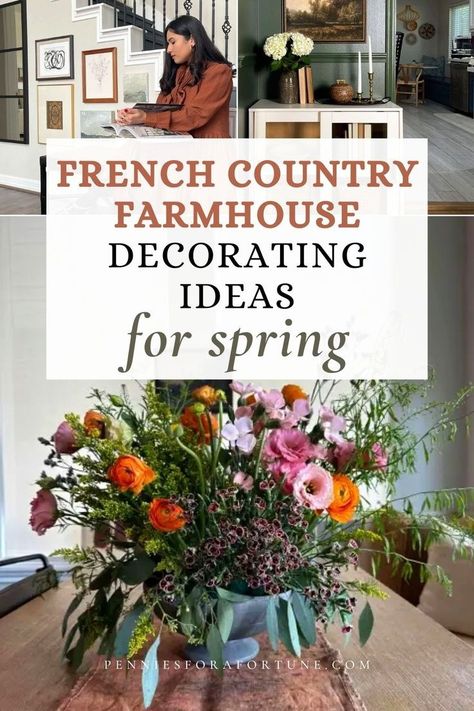 With the spring season in full bloom, it's time to upgrade your spring home decorations! If you love French countryside farmhouse-inspired decor, read on. French country style is so popular right now with all its natural elements, antique accents, and lots of natural light. I'll show you my favorite ways to bring French farmhouse style into your own home. These are my favorite French country farmhouse decorating ideas for spring! French Country Entryway, Spring Fireplace Decor, Countryside Farmhouse, Spring Home Decor Ideas, Spring Mantel Decorating Ideas, Farmhouse Decorating Ideas, French Country Ideas, Farmhouse Inspired Decor, French Farmhouse Style