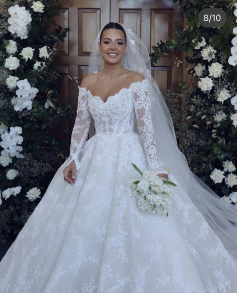 White Puffy Wedding Dresses, Wedding Dresses Lace Sleeves Ballgown, Full Lace Wedding Gown, Simple Ballgown Wedding Dress With Sleeves, Lace Wedding Dress With Sleeves Ballgown, Princess Long Sleeve Wedding Dress, Lace Romantic Wedding Dress, Ball Gown Wedding Dress With Sleeves, Princess Wedding Dress With Sleeves