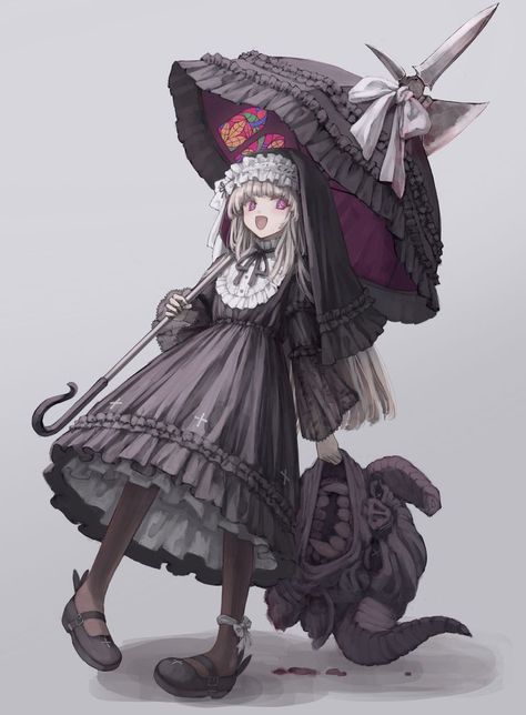 Holding Umbrella, Frilled Dress, Background Grey, Parted Lips, Black Footwear, Cross Dress, Black Umbrella, Emo Art, Fashion Design Drawings