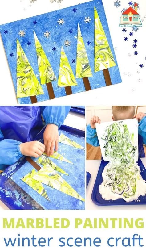 December Process Art, Winter Homeschool Activities, Winter Process Art, Shaving Cream Marbling, Art Project For Preschoolers, Project For Preschoolers, Tree Landscape Art, Winter Art Project, Process Art Preschool