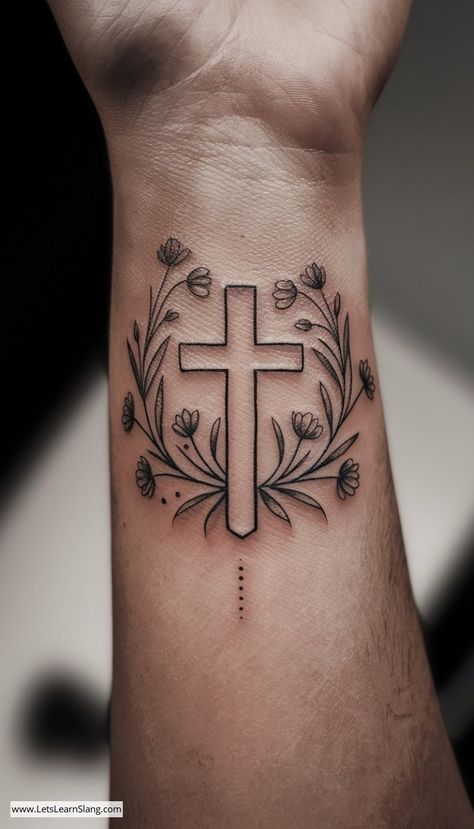 Floral Encircled Cross Wrist Tattoo Christian Hand Tattoos For Women, Cross On Ankle, Cross With Butterfly Tattoo, Initials Tattoo Ideas, Simple Christian Tattoos For Women, Western Cross Tattoo, Unique Cross Tattoos For Women, Christian Sleeve Tattoos For Women, Traditional Cross Tattoo