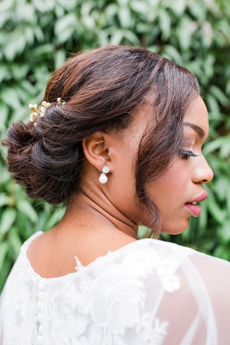 The beautiful updo for this bride Bridesmaids Low Bun, Low Bun Black Women, Wedding Low Bun, Bun Black Women, Bun Updo Hairstyles, Updo Hairstyles For Black Women, Wedding Hairstyles For Black Women, Low Bun Updo, Black Wedding Hairstyles