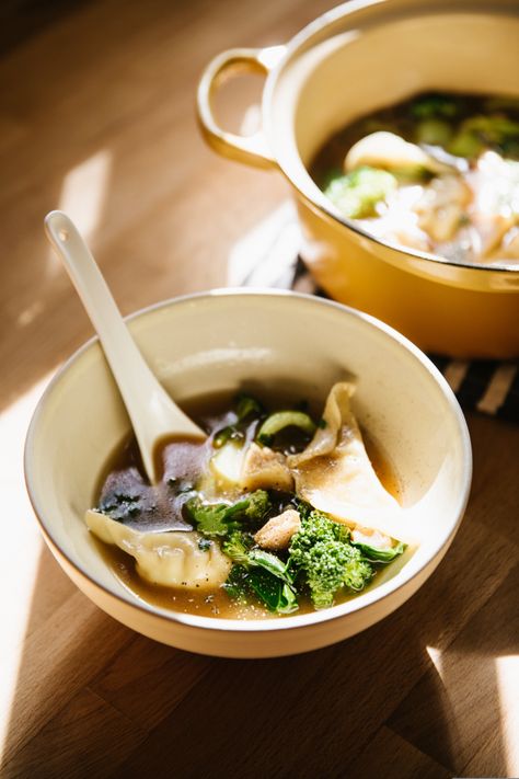 Frozen Meal Hack #1: Miso Dumpling Soup — Honeysuckle Meal Hacks, Soup Dumpling, Ginger Miso, Dumpling Soup, Frozen Dumplings, Japanese Dinner, Dumplings For Soup, Mom Of 2, Healthy Meals To Cook