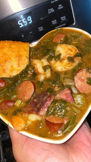 seafood on Instagram: "Gumbo Greens Delight🦐🍤🥵🔥🔥

📽️ & recipe by @chefbae_ 

Follow @seafoodishh for more🦀🐙🦞

Recipe⬇️
2 pounds collard greens, washed and chopped
1 cup vegetable oil
1 cup all purpose flour
1 onion, rough chopped
1 cup bell pepper, chopped
1 cup celery, chopped
4-5 large cloves garlic, rough chopped
1 pound smoked neckbones
6 cups chicken broth
1 tsp chicken bouillon
3 cups water
14 oz pack of andouille sausage, sliced
10-12 colossal raw shrimp, peeled and deveined
2 tsp smoked paprika
3 bay leaves
2 tbsp Chef Bae All Purpose Seasoning
1 tsp Webbers Garlic & Herb Seasoning
1/4 tsp Gumbo Filè
Add salt to your liking
💫💫💫💫💫💫💫💫
#seafood #seafoodlovers #seafoodtime #fyp" Gumbo Collard Greens Recipe, Gumbo Greens, Chef Bae, Gumbo File, Raw Shrimp, Collard Greens Recipe, Chicken Bouillon, All Purpose Seasoning, Herb Seasoning