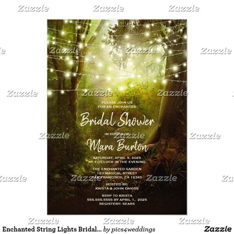 Enchanted String Lights Bridal Shower Invitations An enchanted forest string lights Bridal Shower Invitation, featuring a magical scenery with trees, decorated with fairy lights. Perfect for an outdoor fairy tale wedding shower. String Lights Wedding Reception, Prom Invitations, Enchanted Forest Prom, Forest Invitation, Enchanted Forest Party, Enchanted Forest Theme, Wedding Reception Lighting, Wedding Reception Invitations, String Lights Wedding