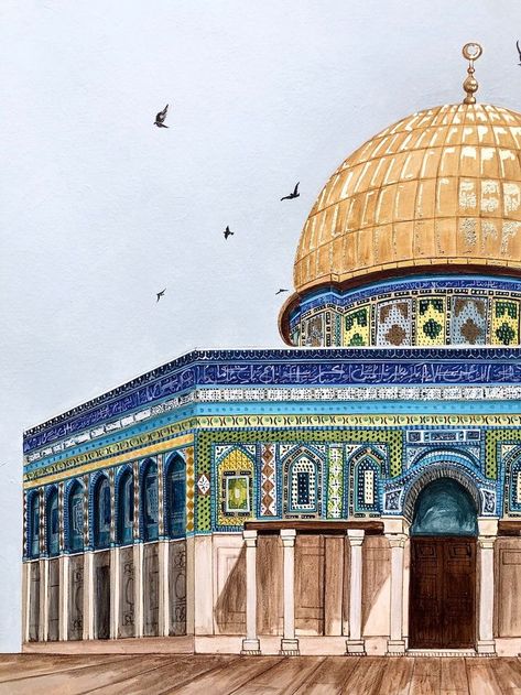 Mosque Drawing, The Dome Of The Rock, Islamic Art Canvas, Dome Of The Rock, Islamic Caligraphy Art, Islamic Calligraphy Painting, Calligraphy Art Print, Caligraphy Art, Truck Art