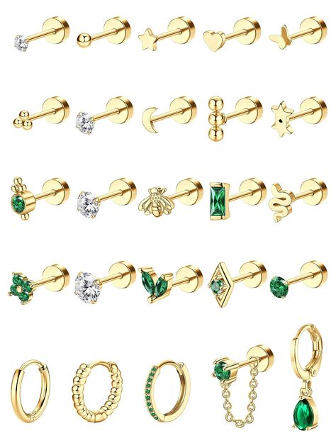 PRICES MAY VARY. 𝐀𝐭𝐭𝐞𝐧𝐭𝐢𝐨𝐧--This product is sold individually, not in pairs.We offer 25pcs of different earrings styles for customers to mix and match for layering. 💎Small Stud Hoop Earrings Set for Multiple Piercing💎You will get single 25PCS comfy tiny gold earrings,including ball cartilage earrings,emerald CZ flat back stud earrings,star flatback stud earrings,heart screw back earrings stud,classic small hoop earrings.Wear these flat back stud earrings and hoops earrings alone or wi Tiny Gold Earrings, Helix Piercing Jewelry, Cartilage Jewelry, Emerald Green Earrings, Earrings Emerald, Earrings Star, Cute Star, Titanium Earrings, Flat Back Earrings