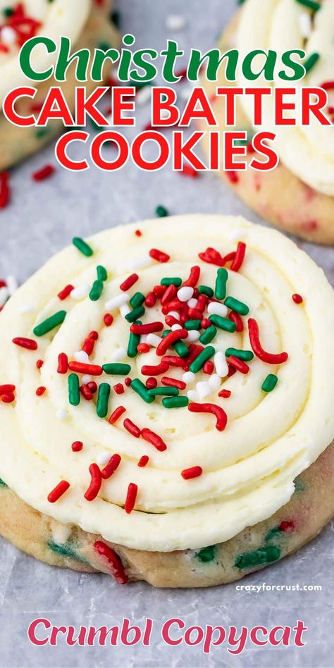 Christmas Cake Batter Cookies, Christmas Sprinkle Cookies Recipes, Little Debbie Tree Cookies, Christmas Butter Sprinkle Cookies, Crumbl Birthday Cake Cookies, Christmas Cookies Cake Mix Holidays, Christmas Cake Cookies Recipe, Cakemix Christmas Cookies, Christmas Cake Box Cookies