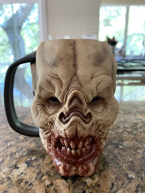 Monster Cups, Monster Mugs, Monster Cup, Monster Mug, Gothic Homes, Ceramic Monsters, Horror Mask, Dremel Carving, Art Alevel