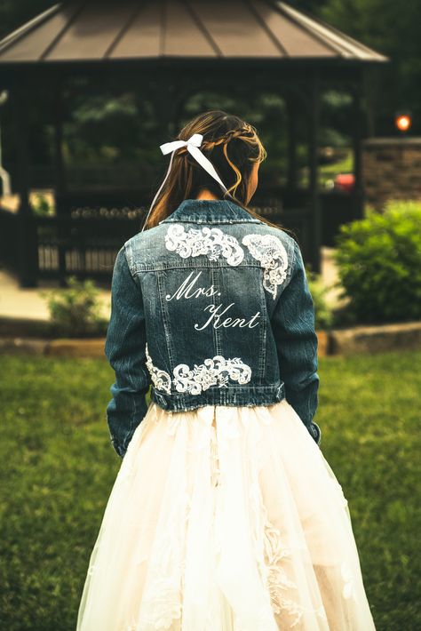 Reuse Old wedding dress lace for Jean Jacket for daughter. Add Cricut Linyl Lettering. Photo by Robin Photography Lace Jean Jacket, Jeans At Wedding, Short Country Wedding Dress, Lace Wedding Dress Country, Denim Wedding Dresses, Robin Photography, Country Style Wedding Dresses, Old Wedding Dresses, Denim Wedding