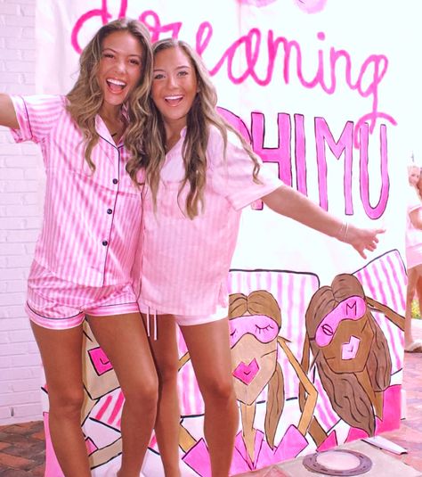 Pajama Day Sorority, Pajama Bid Day Theme, Pink Sorority Outfits, Cute Big Little Reveal Themes, Big Lil Reveal Themes, Work Week Themes Sorority, Sorority Pajamas, Sorority Work Week, Sisterhood Retreat