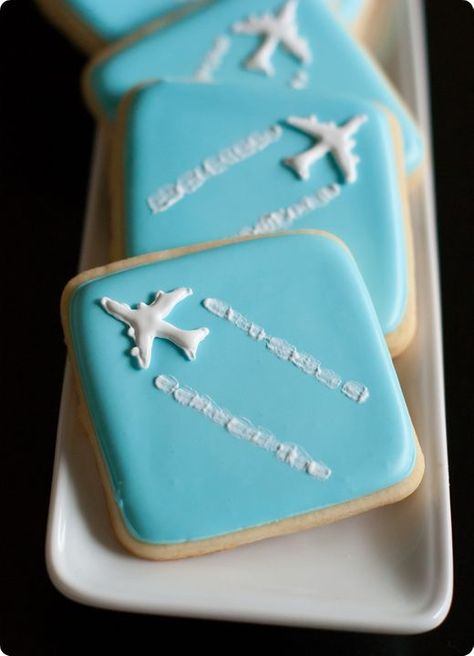 Airplane Party Cookie Plane Cookies, Airplane Cookies, Square Cookies, Decorated Cookies Tutorial, Fly With Me, Airplane Party, Shower Cookies, Celebration Ideas, Come Fly With Me