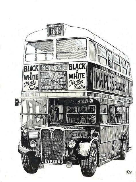 RT 1, de London Transport Bus Drawing, Sketchbook Ideas Inspiration, London Red Bus, London Drawing, Bus Art, Gcse Art Sketchbook, London Wall Art, Pen Art Drawings, Picture Quilts