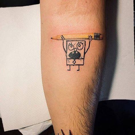 Small Funny Tattoos, Spongebob Tattoo, Inner Forearm Tattoo, Small Forearm Tattoos, Muster Tattoos, Weird Tattoos, Cool Small Tattoos, Funny Tattoos, Cartoon Tattoos