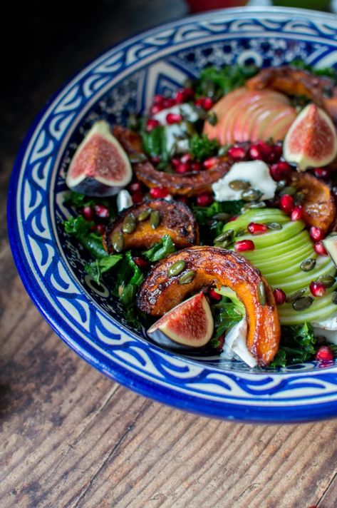 Spiced Butternut Squash, Goat’s Cheese & Fig Autumn Salad – Kay's Kitchen Pomegranate Molasses Dressing, Spiced Butternut Squash, Fig Recipes, Toasted Pumpkin Seeds, Pomegranate Molasses, Cold Salad, Autumn Salad, Kitchen Spices, Dinner Salads