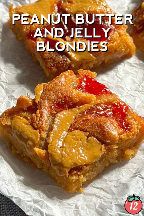 Peanut Butter and Jelly Blondies | 12 Tomatoes Peanut Butter And Jelly Blondies, Peanut Butter And Jelly Aesthetic, Peanut Butter And Jelly Desserts, Jelly Aesthetic, Blondies Dessert, Peanut Butter And Jelly Bars, Blondie Dessert, Jelly Cheesecake, Jelly Bars